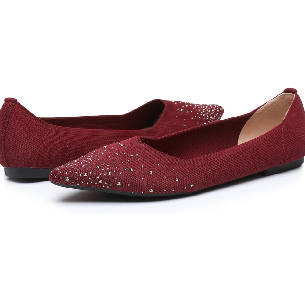 VenusCelia Rhinestone Flats – Wine Knit Pointed Toe Slip-On (US 7.5–8) 👠✨